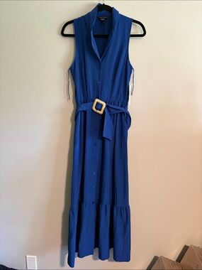 Maggy London Sleeveless Cobalt Blue Maxi Shirt Dress with Buckle Belt